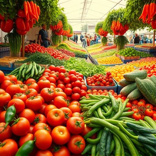 A vibrant display of fresh, seasonal vegetables at a farmers market, including tomatoes, peppers, and greens.