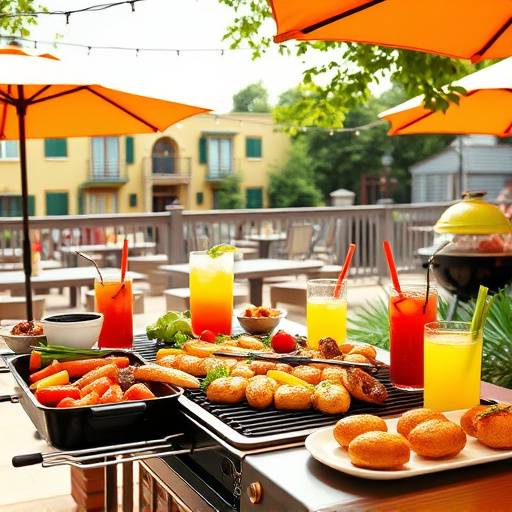 A vibrant summer BBQ scene with grilled food, refreshing drinks, and outdoor seating.
