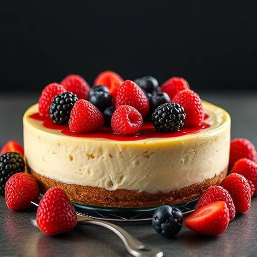 Classic New York style cheesecake with a graham cracker crust and fresh berries.