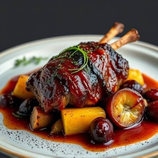 Crispy Duck Confit with roasted vegetables and a cherry reduction.