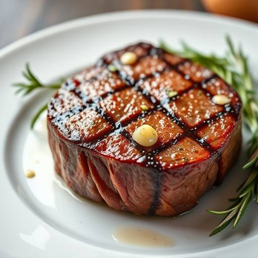 Perfectly cooked sous-vide steak with rosemary and garlic, plated on a white dish.