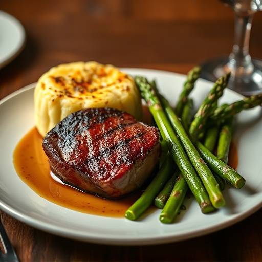 Perfectly seared Filet Mignon with asparagus and potato gratin.