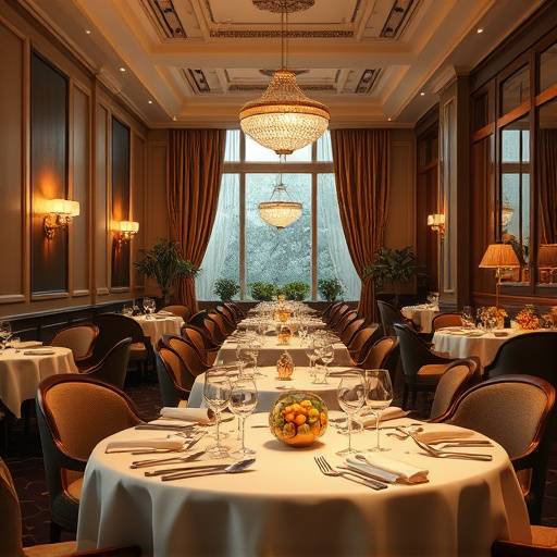 The elegant dining area of The Golden Spoon, set for an evening service with soft lighting and linen tablecloths.